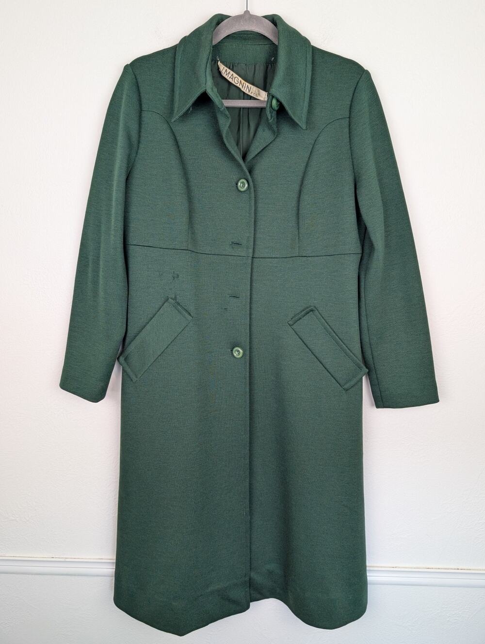I. Magnin Pea Coat Knitted Wool Vintage 60s Duster Classic Winter Green Size 14